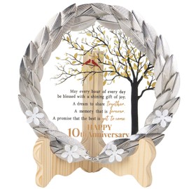 10th Anniversary Wedding Gifts Crystal Plate with Tin Leaf Wreath - 10 Years Anniversary Wedding Unique Gifts Ideas for Parents Couple - Cardinal Style