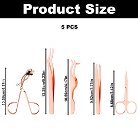 5PCS Eyelash Applicator Tools, False Eyelashes Tools, Curved Eyelash Curler, Eyebrow Clip, Eyelashes Tweezers, Eyebrow Scissors, Rose Golden Eyelash Tools Kit for Women
