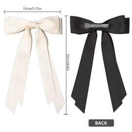 2 Pack Bows Hair Clip, French Barrette, Long Silky Satin Hair Ribbons, Bow Hair Clips, Soft Satin Silky Hair Bows for Women Girls (Black, Whrite, Beige) (black＋beige)