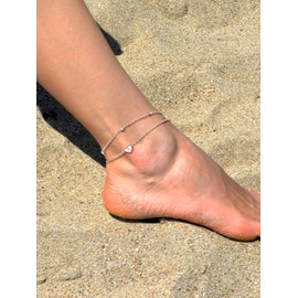 PROSILVER 925 Sterling Silver Heart Initial Anklet for Women Double Layer Adjustable 22+5cm, Sterling Silver, No gemstones