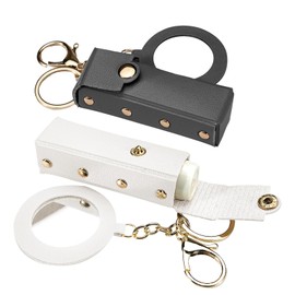 LELE LIFE 2 Pack Lipstick Holder Keychain with Mirror, Leather Lipstick Case Lip Balm Holder, Portable Lip Gloss Organizer Bag with Clip for Travel (White + Black)