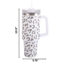 Lashicorn 40 Oz. Tumbler with Handle and Straw White Leopard Silver 10” tall Cup lid included Insulated Stainless Steel Vacuum Travel Mug Boutique Cheetah Print Sublimation