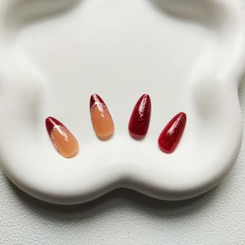 French Tip Press on Nails Medium Almond Fake Nails Full Cover Glossy Acrylic Nails Wine Red False Nails with Glitter Design Jelly press on Nails Stick on Nails for Women and Girls Fall Winter Manicure