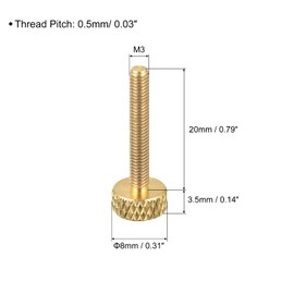 sourcing map Pack of 5 Brass Knurled Screws M3 x 20 mm Flat Handle Bolts Buttons Fasteners for Electronic Mechanical