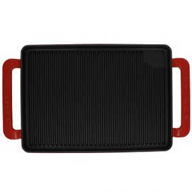 14-inch Red Rectangular French Enameled Cast Iron Grill Pan With Handles Metal Oven Safe