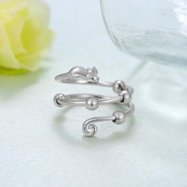 Fidget Rings for Anxiety 925 Sterling Silver Cat Adjustable Anti Anxiety Ring With Bead Spinner Rings Cat Jewelry Gifts for Women Teens Girls
