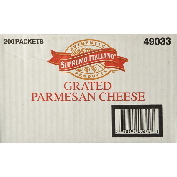 Supremo Italiano Natural Grated Parmesan Cheese, Restaurant Quality, No Refrigeration Needed, Sealed and Great for Pizza, 200 Packets