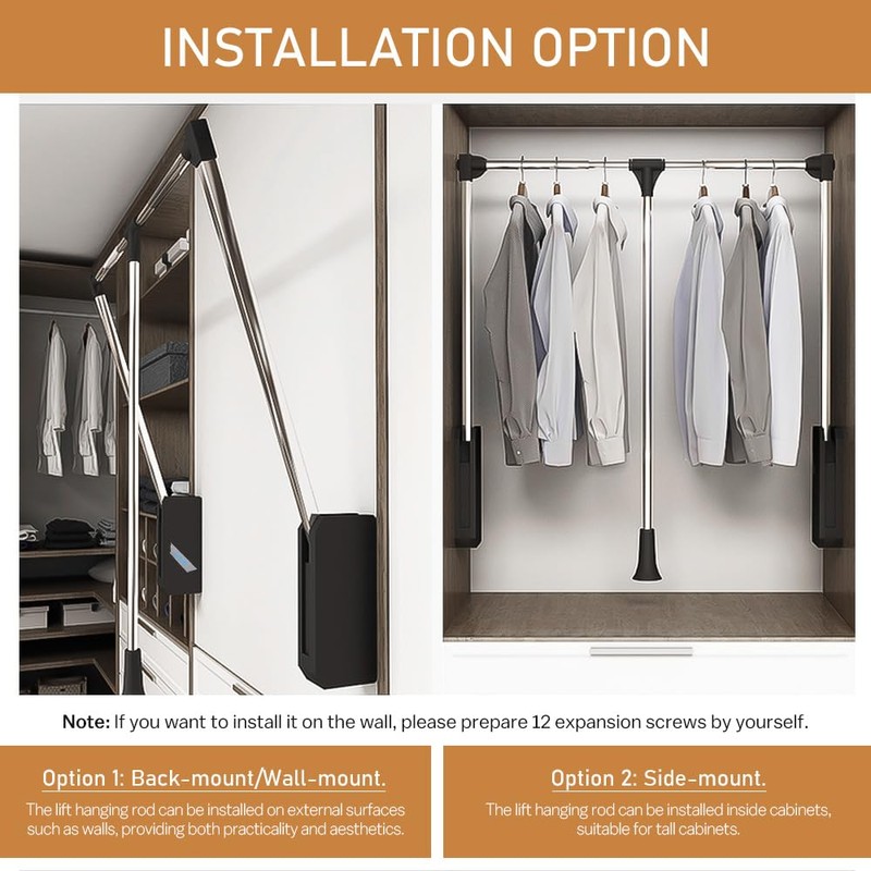 Pull Down Closet Rod, 60 lbs Load Capacity, Stainless Steel