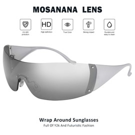 mosanana Y2K Wrap Around Sunglasses for Women Silver Futuristic Trendy Fashion Cool Shield 2000s Shade Cute Funky Stylish Mirrored Go Back