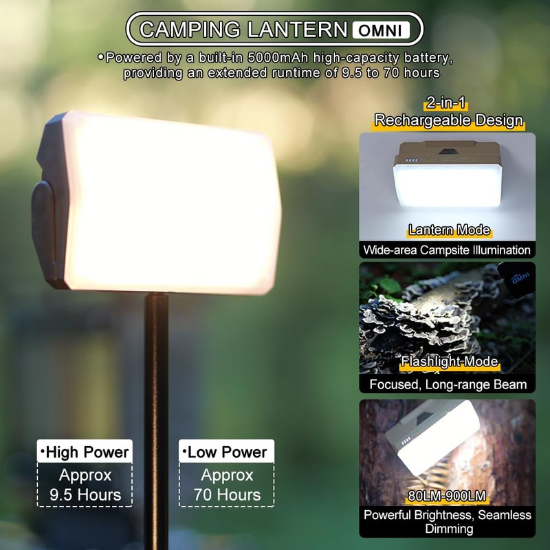Soomloom Camping Lantern OMNI 2‑Way Flashlight 80‑900LM Rechargeable LED Campsite