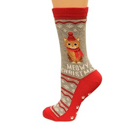 Hot Sox Womens Meowy Christmas NSkid Socks, Sweatshirt Grey Heather, 1 Pair, Womens Shoe 4-10