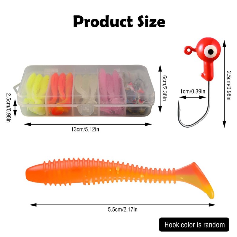 36 Pcs Fishing Lures with Heads Hooks Kit Artificial Soft
