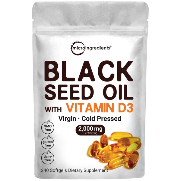 Micro Ingredients Black Seed Oil 2000 mg with Vitamin D3 1000 IU, 240 Softgels | Cold Pressed - Nigella Sativa Pills from Egypt, Virgin Oil, Odorless, Non-GMO & No Gluten