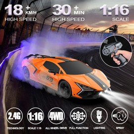 Remote Control Car RC Drift Car 1:16 Scale 4WD 18KM/H High Speed Model Vehicle 2.4GHz with LED Lights Spray Rubber Tire Racing Sport Toy for Adults Boys Girls Kids Gift 2Pcs Rechargeable Batteries