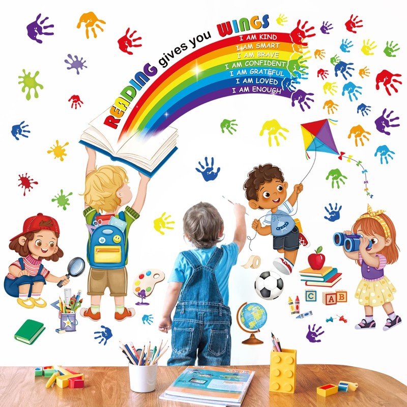 decalmile Children's Rainbow Wall Sticker, Quotes, Inspirational Learning Handprint Wall