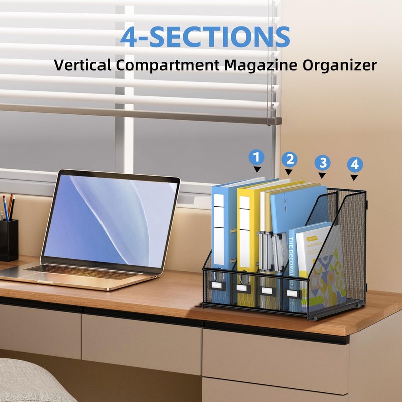 4 Vertical Compartments Magazine File Holder, Metal Binder Organizer, Black
