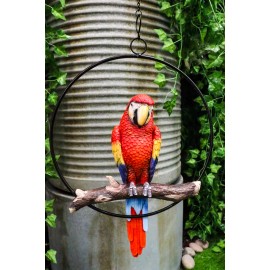 Atlantic Collectibles Ebros Hanging Scarlet Macaw Parrot Perching on Branch in Metal Round Ring 13.5"H