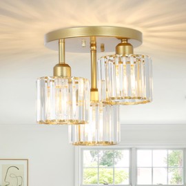 PAUFUL Modern Semi Flush Mount Ceiling Light,3-Light Golden Crystal Close to Ceiling Light Fixtures,Kitchen Light Fixtures with Clear Crystal Shade,Hallway Light Fixtures for Hallway Bedroom Bathroom