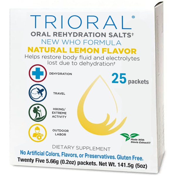 TRIORAL Natural Lemon w/ Stevia Oral Rehydration Salts (World Health Organization New Formula for Food Poisoning, Hangover Prevention and Relief, Dehydration from Diarrhea (25 Packets/Box)