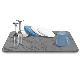 Valonne Quick Drying Diatomaceous Earth Stone Dish Drying Mat for Kitchen Counter – Absorbent and Stylish Marble Pattern – 15.8 L x 11.8 W – Grey Marble Design