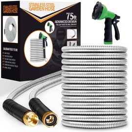 Unywarse Garden Hose 75ft, Stainless Steel Heavy Duty Water Hose with 10 Function Nozzle Flexible, Lightweight, No-Kink, Pet Proof, Puncture Proof Metal Hose for Yard, Outdoor