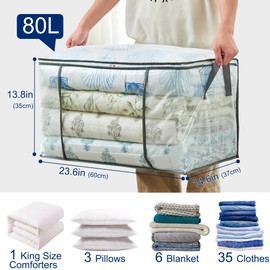 MKOKYD 80L Clear Large Storage Bag, Clothes Storage Containers for Organizing Closet, Bedroom, Underbed, Comforters, Clothing, Blankets, Pillow, Foldable Organizer with Sturdy Handle and Zippers (6)