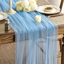 Artoid Mode Dusty Blue Gauze Table Runner 120 Inch 10FT, Seasonal Sheer Chiffon Cheesecloth Kitchen Dining Holiday Birthday Table Decor for Home Party