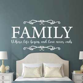 Family Quote Design Life and Love Wall Decor Sticker Mural for Home Kitchen Living Room Removable Decal BK044 (M 90x45cm, White)