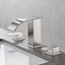 AVSIILE Waterfall Bathroom Faucet 3 Hole, Brushed Nickel 8 Inch Widespread Bathroom Faucets & Parts, Modern 3 Piece Bathroom Sink Faucet, Touch On Lavatory Faucet for Bathroom Vanity, Curved Spout