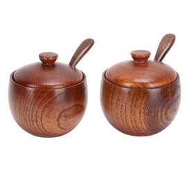 Wooden Salt Jars Set, 2 Set Spice Containers with Lid and Spoon, Japanese Style Spice Pots for Salt Pepper Sugar Chili Powder