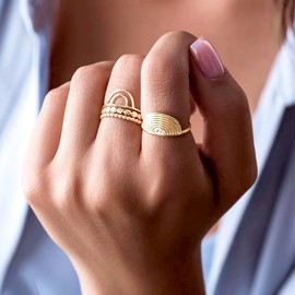 GIGB PBDK Geometric Opening Rings Set for Women,18K Cubic Zirconia Stackable Striped Rings Set,Aesthetic Anniversary Jewelry Gift (Gold)