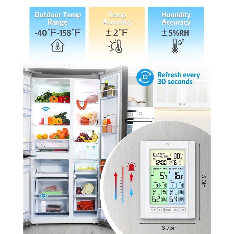 Wireless Freezer Thermometer with Alarm, Temracha Upgraded Digital Fridge Thermometer