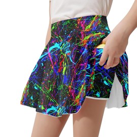 TENMET Girls Athletic Skort Stretchy Flared Pleated Casual Skater A-Line Mini Skirt Neon Paint Splatter for Golf Cheer Tennis 7-8Y