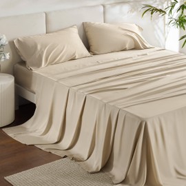 Bedsure Bedsure Queen Sheets, Rayon Derived from Bamboo, Queen Cooling Sheet Set, Deep Pocket Up to 16", Breathable & Soft Bed Sheets, Hotel Luxury Silky Bedding Sheets & Pillowcases, Beige