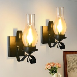 TIGKHAE Rustic Wall Sconces Sets of 2, Black Hardwired Farmhouse Wall Sconce Indoor, Retro Wall Lamps with Amber Glass, Vintage Bedside Sconces Wall Lighting Lantern for Living Room Bathroom