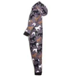Camille Childrens Super Soft Fleece Onesie - Hooded All In One - Long Sleeved and Full Length with Elasticated Cuffs and Ankles Grey Horse Print 15-16 Years