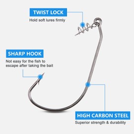 Twistlock Fishing Hooks with Centering Pin, 30pcs Twist Lock Hooks Worm Hooks for Bass Fishing Unweighted Swimbait Hooks for Soft Plastics Saltwater Freshwater Fishing
