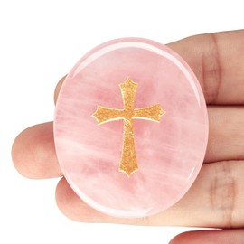 LAIDANLA Rose Quartz Cross Engraved Healing Crystal Worry Stones for Pray Faith Anxiety Relief Oval Palm Stone Polished Natural Crystal Gifts