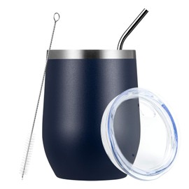 MEWAY Stemless 12oz Wine Tumbler Glasses with Lid -Insulated Double Wall Vacuum Stainless Steel Travel Tumbler with Straw,for Woman Under 10 dollars (Navy,1)