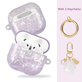 AIIEKZ Compatible with AirPods 4 Case Cover 2024,Soft TPU Case with Shell Pattern for AirPods 4th Generation Case with Pearl Shell Keychain and Cleaning Kit for Girls Women (Purple)