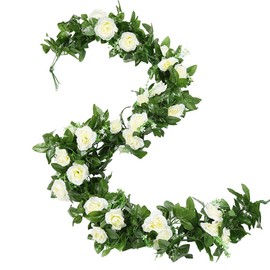 VANTOBEST 2 Pack White Rose Garland Artificial Flower Vines Fake Silk Flower Hanging Rose Garland with Greenery Plants Hanging Floral Garland for Wedding Floral Home Garden Outdoor Wall Decoration