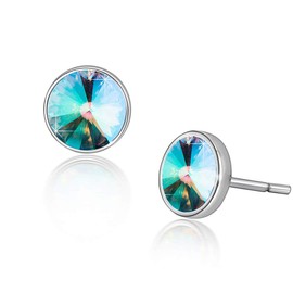 Round Austrian Crystal Stud Earrings for Women Fashion 925 Sterling Silver Hypoallergenic Jewelry (Aurora Green)