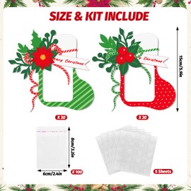 Whaline 60 Christmas Party Favor Sets Xmas Stocking Red Green Paper Cards Craft with Non-Candy Treat Bags for DIY Candy Goodie Gift Holiday Party Supplies