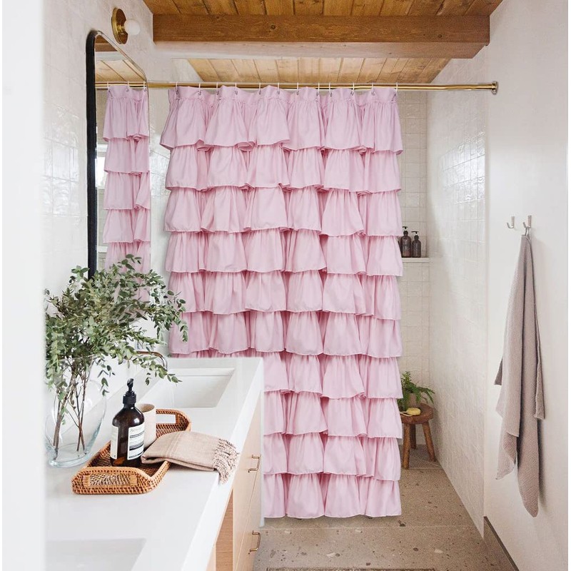 Volens Pink Ruffle Shower Curtain Farmhouse/Rustic Fabric Cloth Shower Curtains