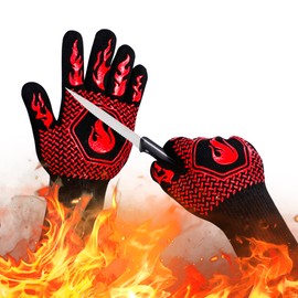 BBQ Fireproof Gloves, Grill Cut-Resistant 1472°F Heat Resistant Gloves, Non-Slip Silicone Oven Gloves, Kitchen Safe Cooking Gloves for Oven Mitts,Barbecue,Cooking, Frying,13.8 Inch-Red