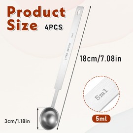 4PCS 1 Teaspoon Measuring Spoon(1 tsp, 5 ml, 1/6oz, 1/3 tbsp) Long Handle Scoop Metal Measure Spoons Kitchen Gadgets Stainless Steel Individual Measure Scoops for Measuring Protein Cooking Baking