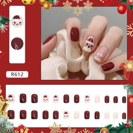 Christmas False Nails, Christmas Fake Nails Press on Nails with Glue, Red Burgundy White Short Square French Stick on Nails for Women and Girls Nail Art Decoration Accessories,#612