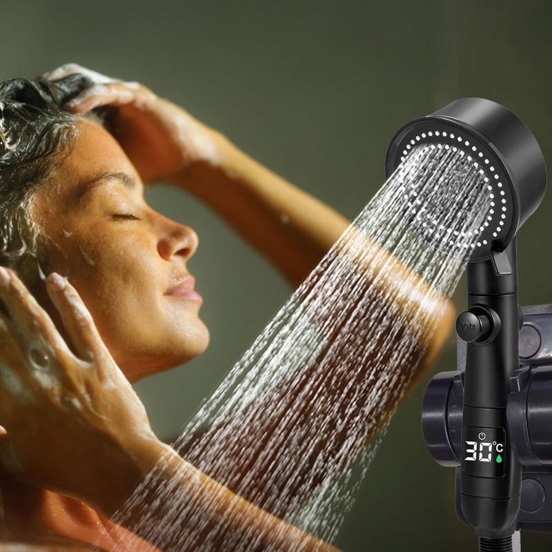 Shower Head, Water-Saving with Temperature Display, with Shower Holder and