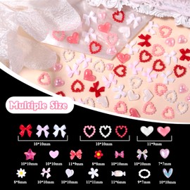 2 Boxes Mixed 3D Nail Charms and Gems, Red Pink Bows Flowers Acrylic Nail Charms Pearl Heart Nail Art Charms, Bows Heart Nail Charms Half Pearl and Gems Nail Charms for Valentine's Day