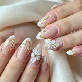 Almond Press On Nails French Tip - Pack of 24 Nude Artificial Nails for Sticking, Fingernails with Gold Pattern, 3D Flowers, Pearl Design - Natural Shiny Full Cover Fake Nail for Women Nails